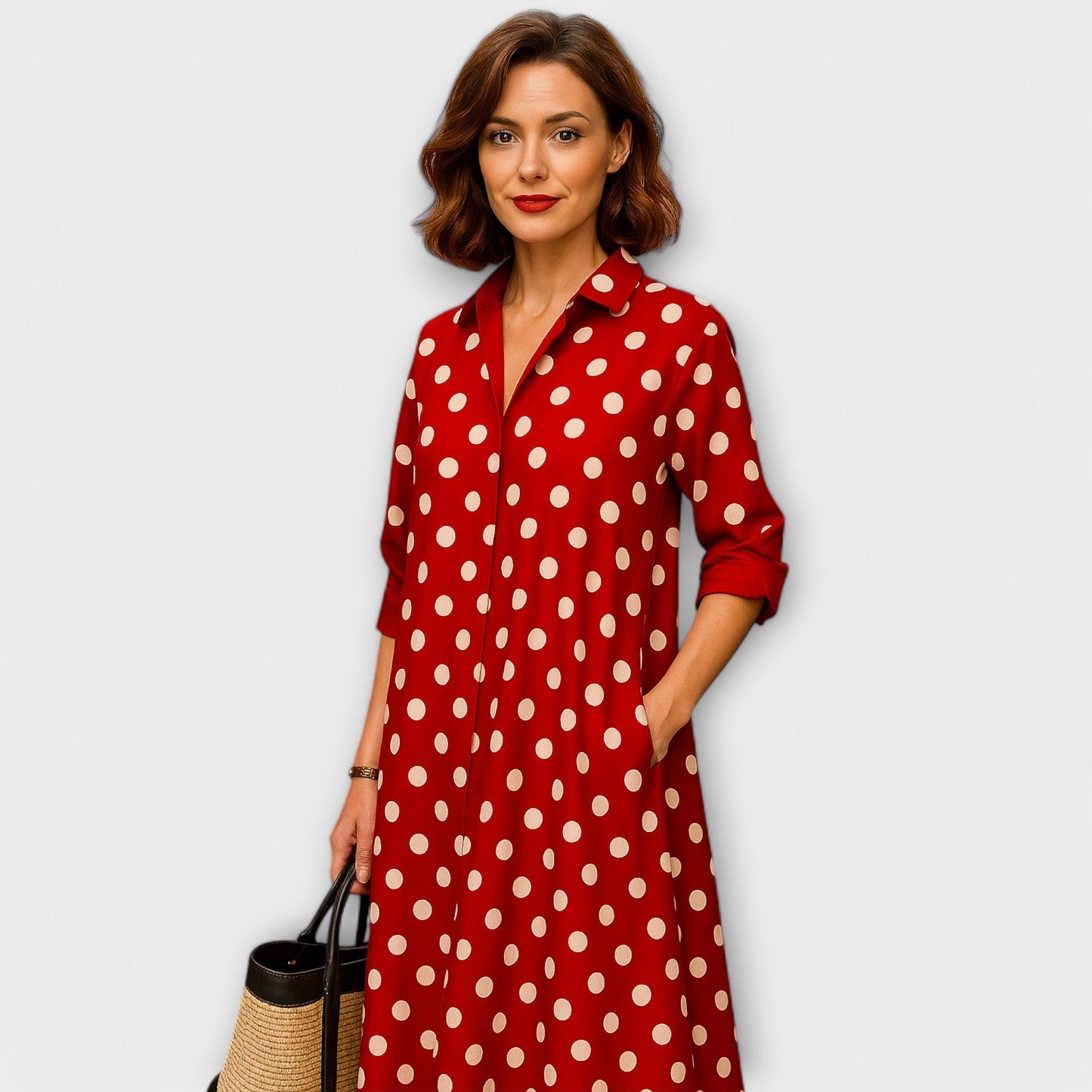 Modern Shirt Dress with Collar and Three-Quarter Sleeves