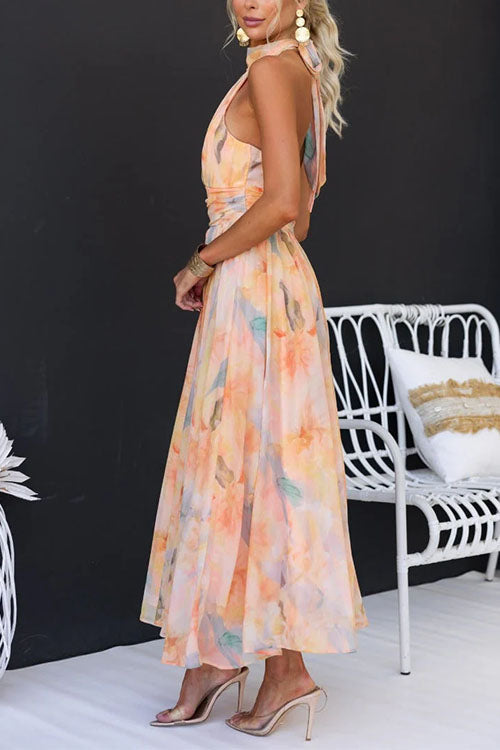 Johanna™ | Halter Neck Open Back Waisted Watercolour Print Maxi Dress
