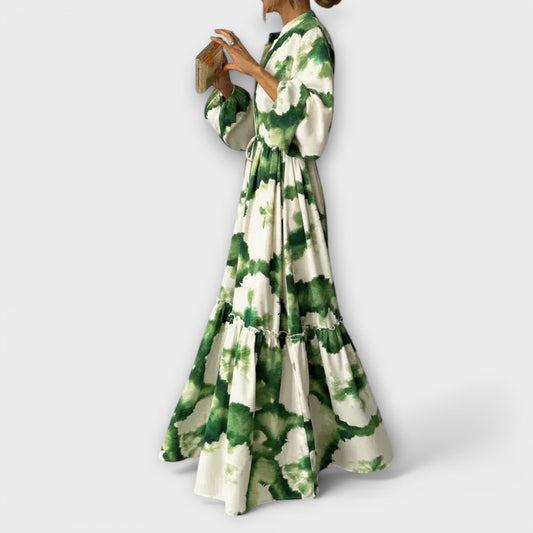 Melina - Green Maxi Dress with Long Sleeves and V-Neck